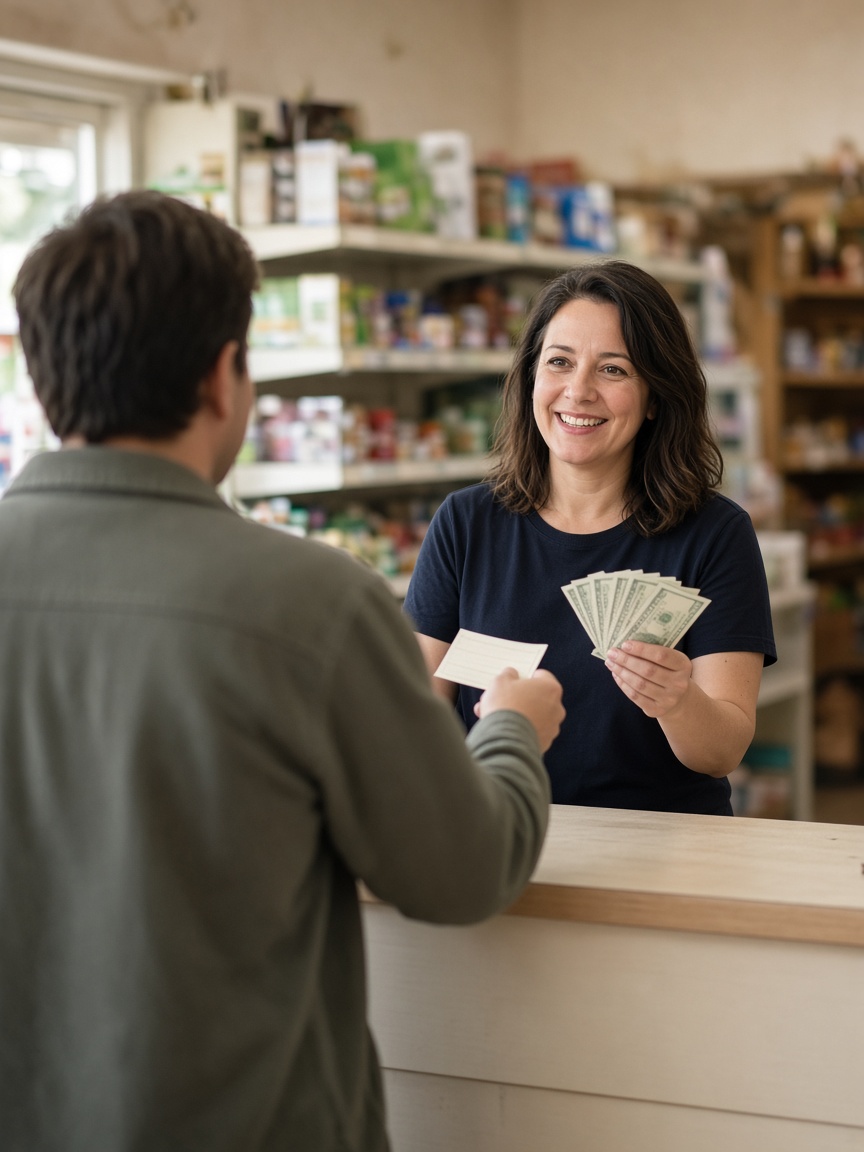 A cashier cashing a customer's check at the counter